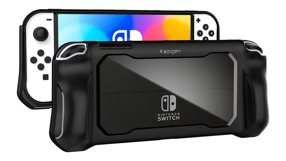 Kryt Spigen Rugged Armor Black na herním zařízení Nintendo Switch OLED zezadu a zepředu_04