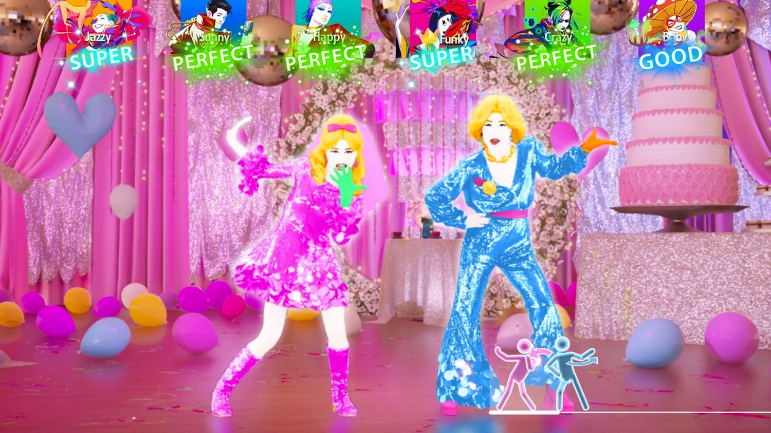 Z&aacute;běr ze hry Just Dance se dvěma tanč&iacute;c&iacute;mi postavami v růžov&eacute;m a modr&eacute;m třpytiv&eacute;m oblečen&iacute;.