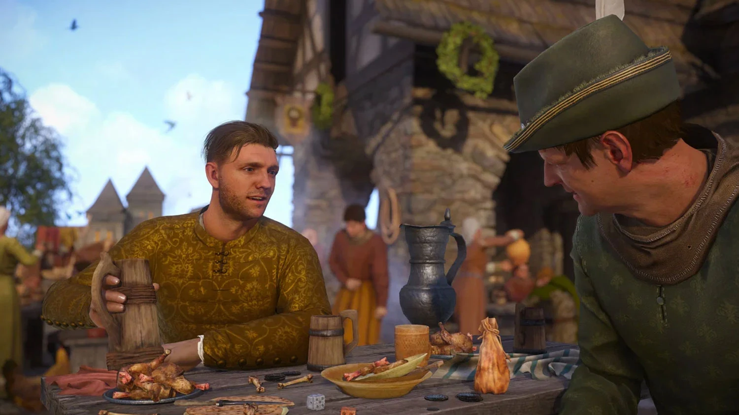 Bojovníci sedící u statku ve hře Kingdom Come: Deliverance Royal Edition