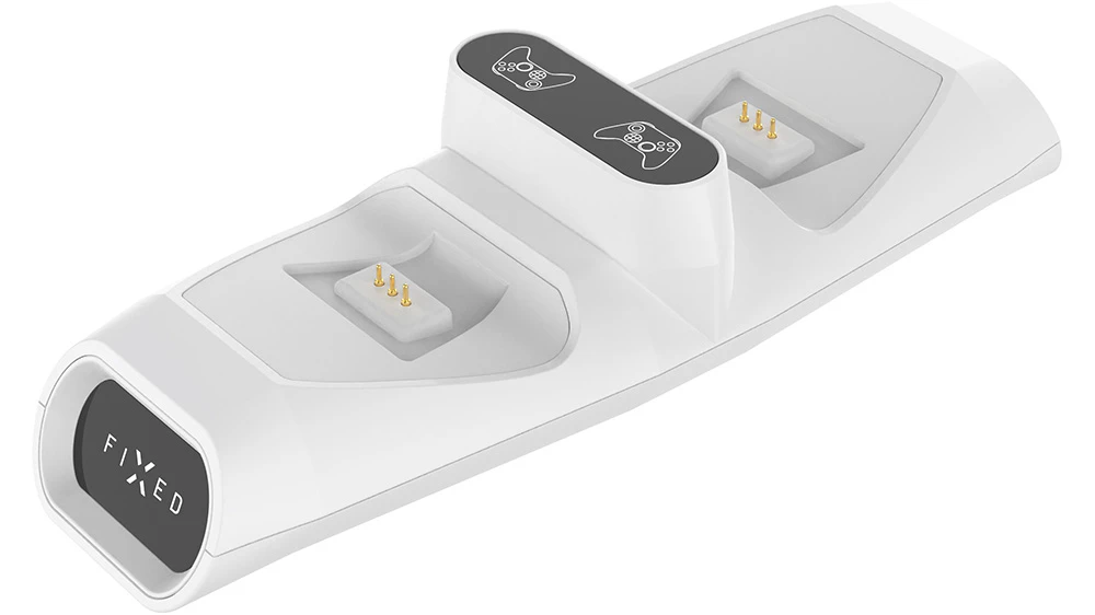 Dokovac&iacute; stanice FIXED pro ovladače Xbox S/X/One b&iacute;l&aacute; na b&iacute;l&eacute;m pozad&iacute; zobrazuj&iacute;c&iacute; elegantn&iacute; design nab&iacute;jec&iacute; stanice