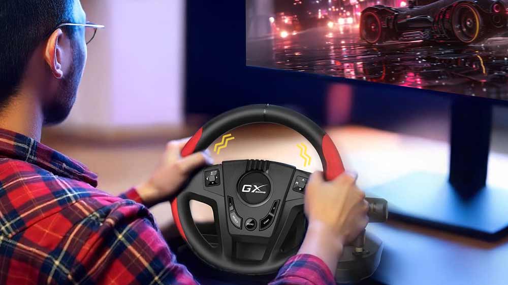 Mladík závodící se sadou volantu a pedálů Genius GX Gaming SpeedMaster_02