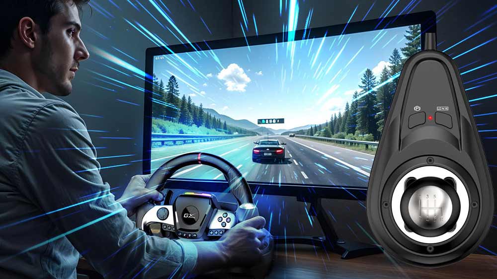 Mladý muž při hraní hry s volantem SpeedMaster X5 FF_02