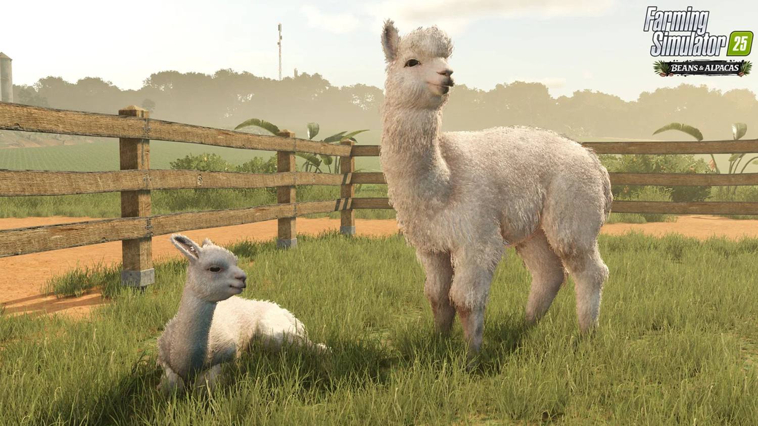 Záběr ze hry Farming Simulator pasoucí se lamy