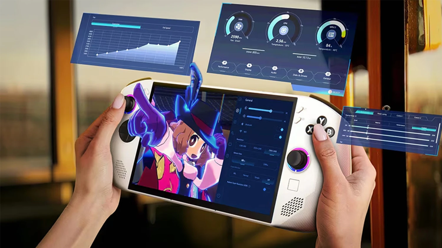 Človek držiaci konzolu Lenovo Legion Go S 8, z ktorej vystupuje grafika postavy