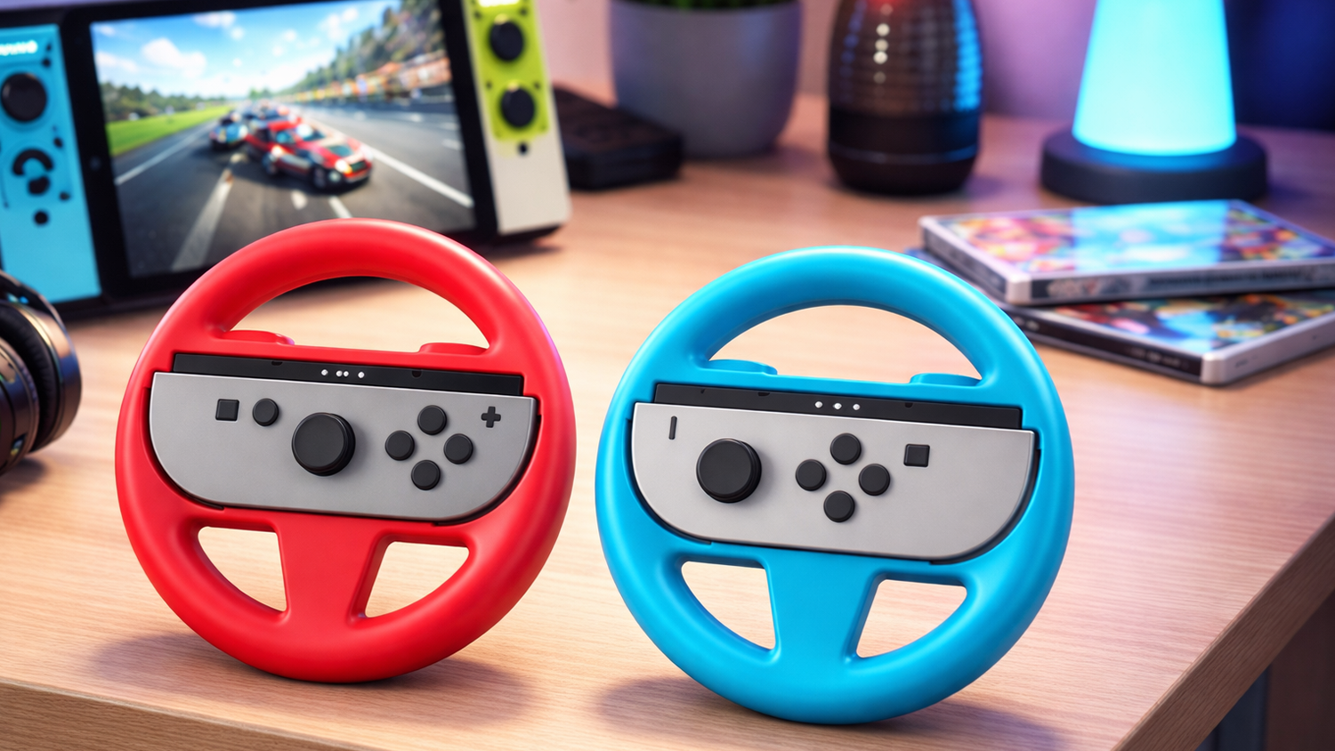 Dvojice volantů pro Nintendo Switch 2 na stole v herním koutku