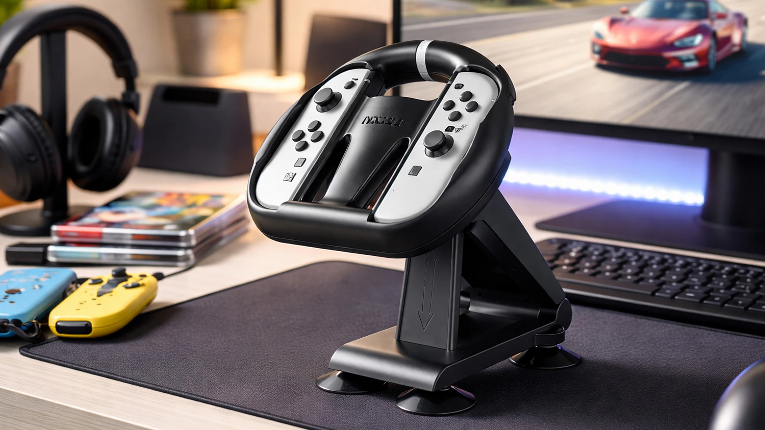 Nacon Skládací závodní volant pro Nintendo Switch 2 na stole v herním koutku