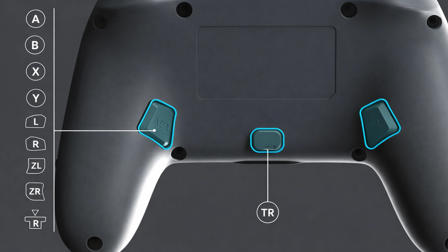Dvě mapovatelná herní tlačítka na zadní straně gamepadu