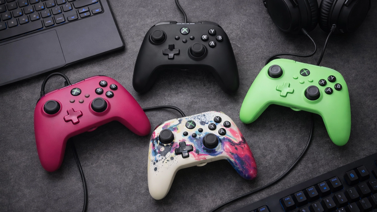 Gamepad PowerA Advantage Plus Wired controller Xbox SX ve čtyřech barevných provedeních na herním stole