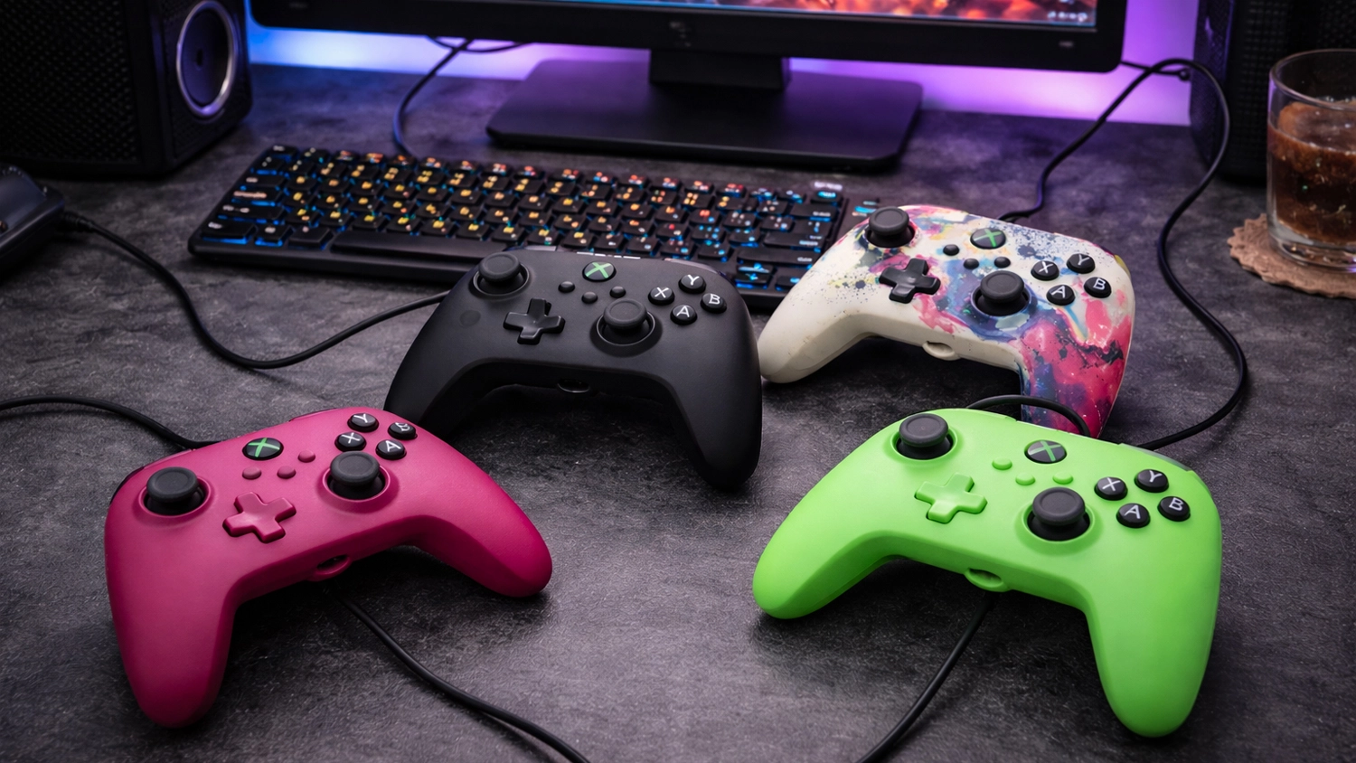Gamepad PowerA Advantage Plus Wired controller Xbox SX ve čtyřech barevných provedeních na herním stole v pozadí s PC