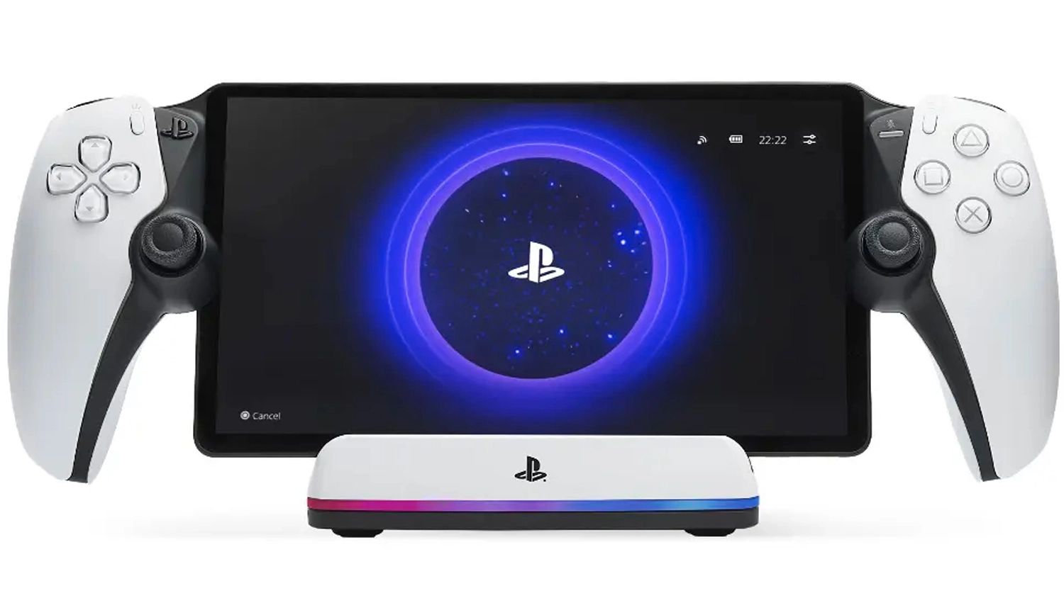 PlayStation Portal umístěný na nabíječce PowerA Lumectra přední pohled