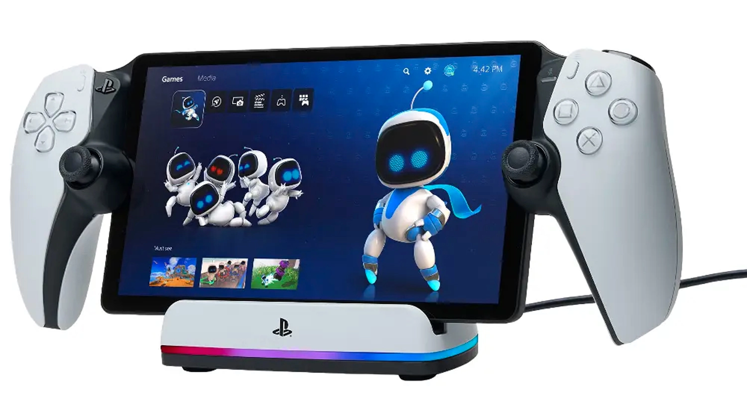 PlayStation Portal umístěný na nabíječce PowerA Lumectra šikmý přední pohled