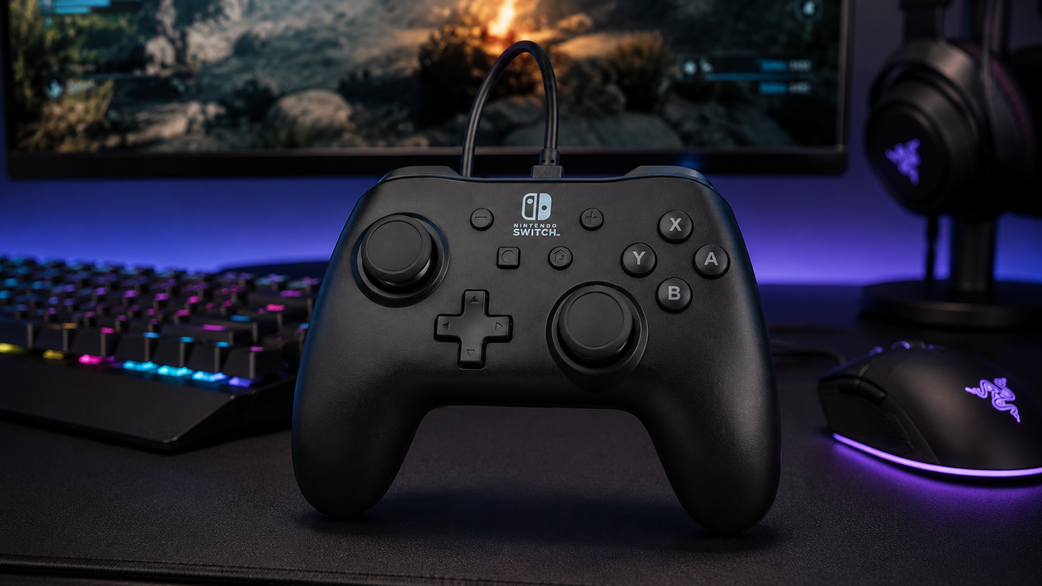 Herní ovladač PowerA Wired Controller Nintendo Switch, černý na herním stole