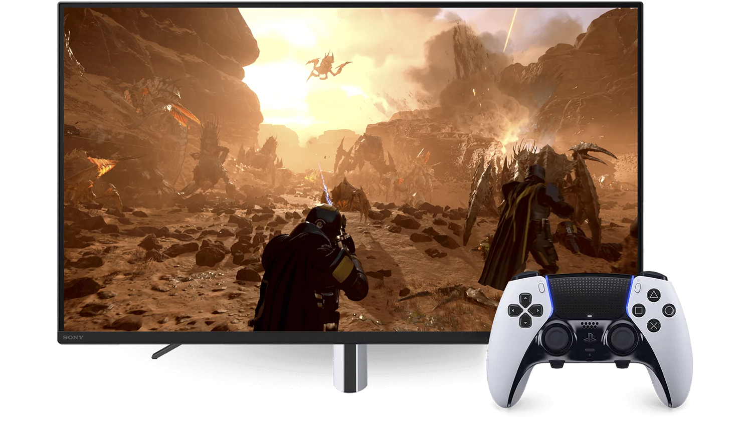 Gamepad Sony Bezdr&aacute;tov&yacute; ovladač DualSense pro PS5 před obrazovkou, kde je spu&scaron;těn&aacute; stř&iacute;lečka