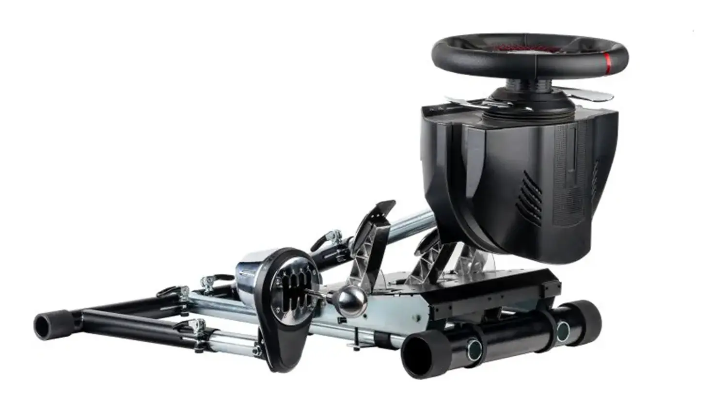 Složený stojan Wheel Stand Pro SUPER TX DELUXE V2 s připevněným volantem Thrustmaster.