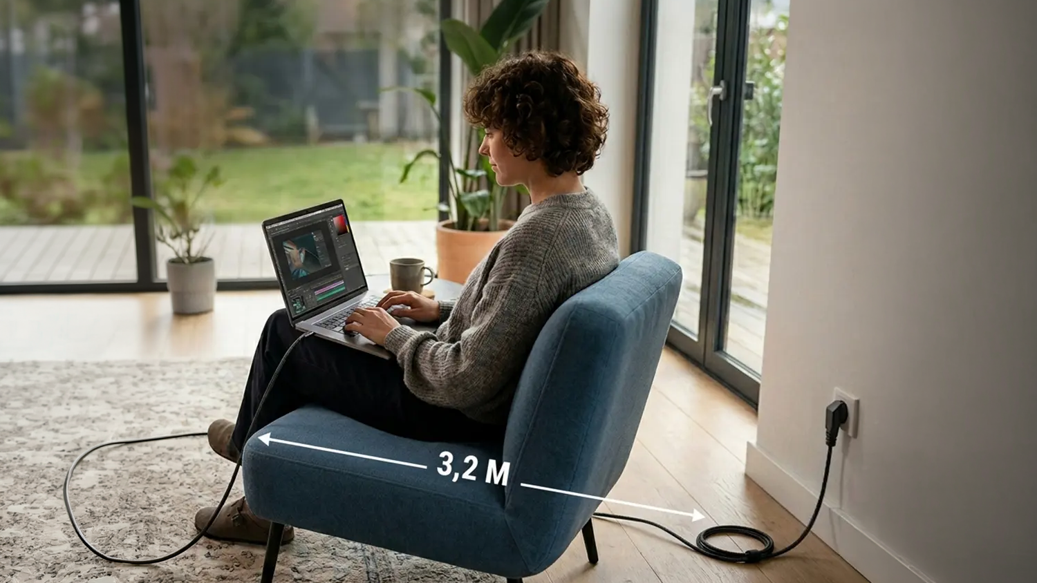 Žena sedí v křesle a má připojený notebook přes adaptér 3mk HARDY 65 W