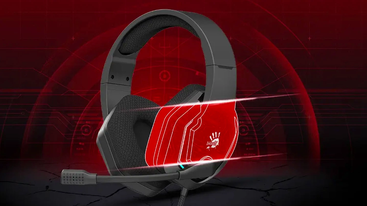 Čierne herné slúchadlá A4Tech Bloody G260 s mikrofónom a červeným podsvietením náušníka.