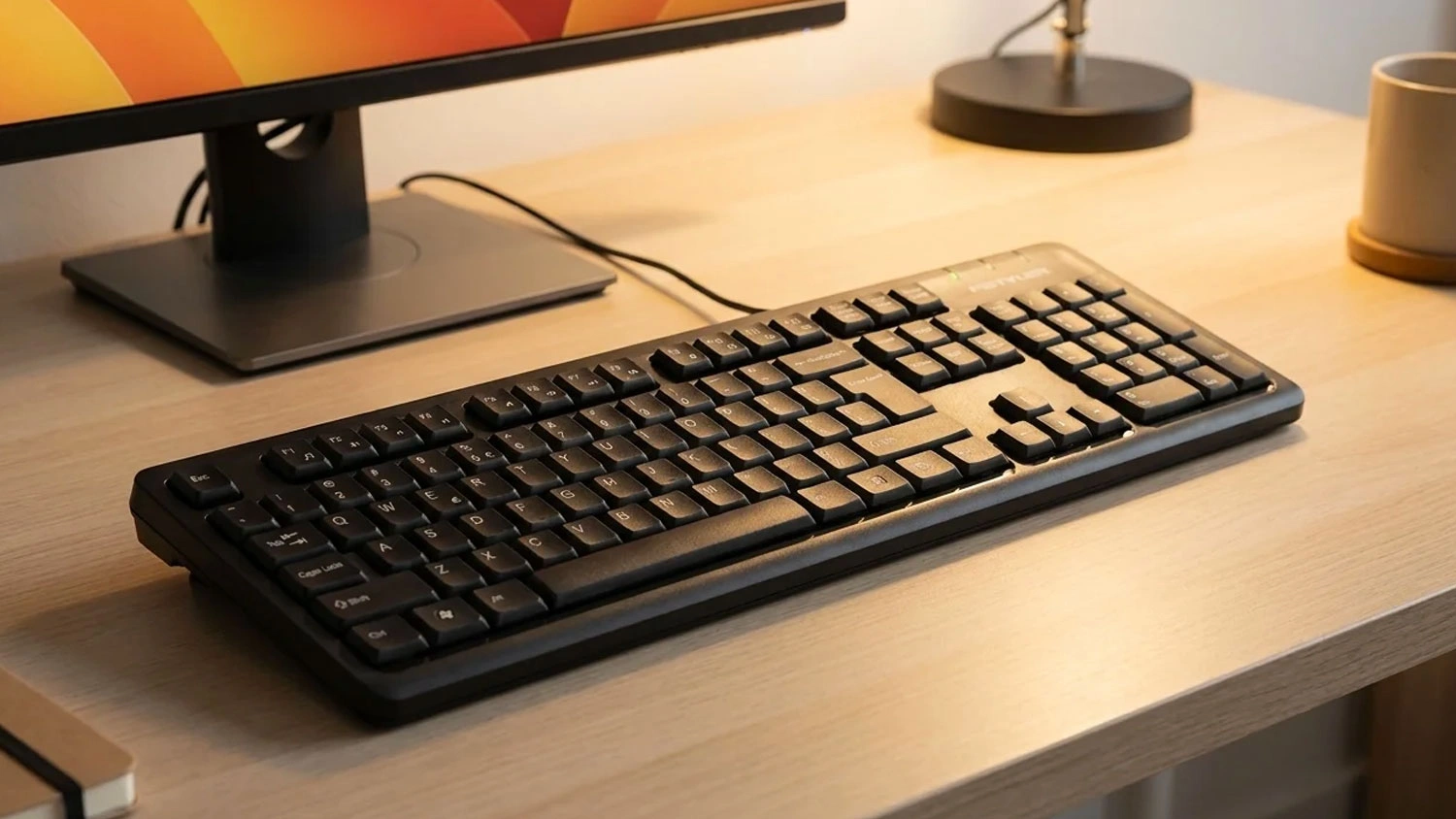 Čierna k&aacute;blov&aacute; kl&aacute;vesnica A4TECH FSTYLER FK12 položen&aacute; na svetlom drevenom stole pred monitorom.