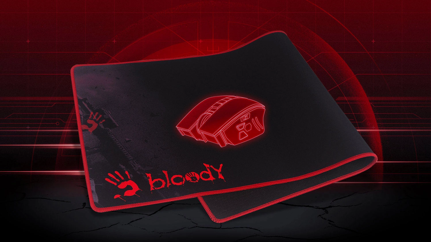 Čierna herná podložka pod myš A4Tech Bloody B-087S s červeným obšitím, logom Bloody a červeným obrysom myši.