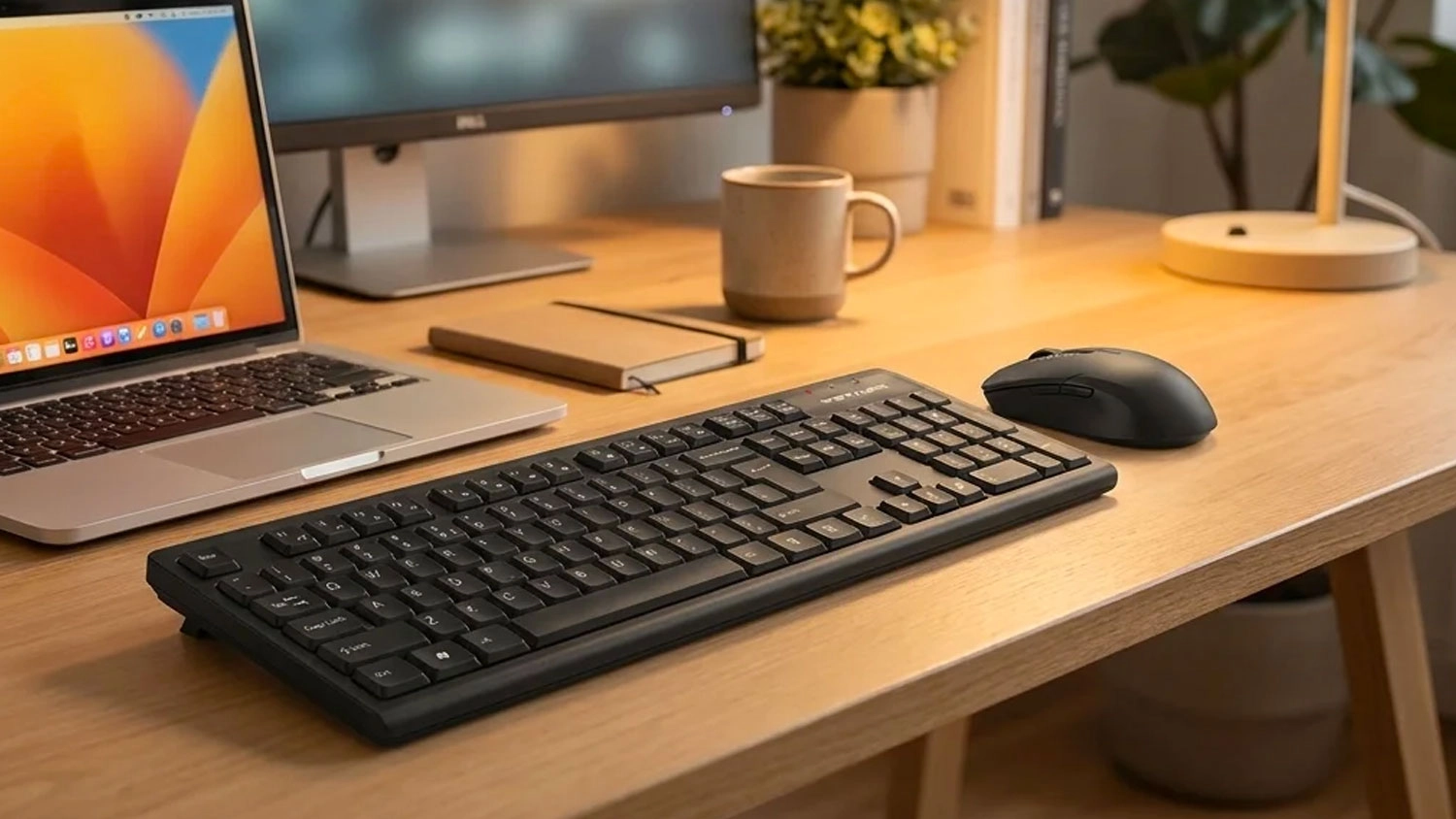 Čierna bezdrôtová klávesnica a myš A4TECH FSTYLER FG1200 na drevenom pracovnom stole vedľa otvoreného notebooku.