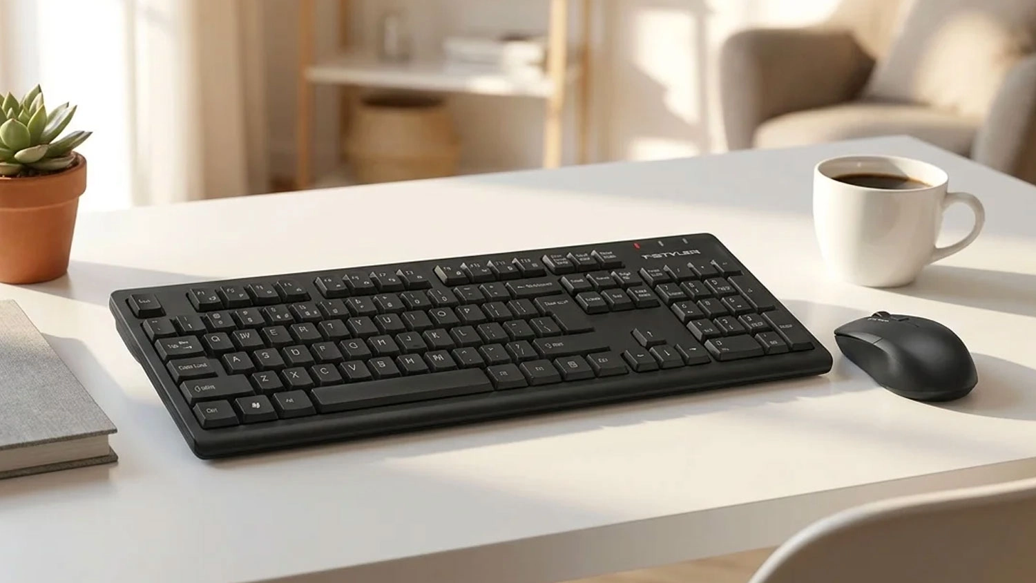 Čierna bezdrôtová klávesnica a myš A4TECH FSTYLER FG1200 na bielom pracovnom stole.