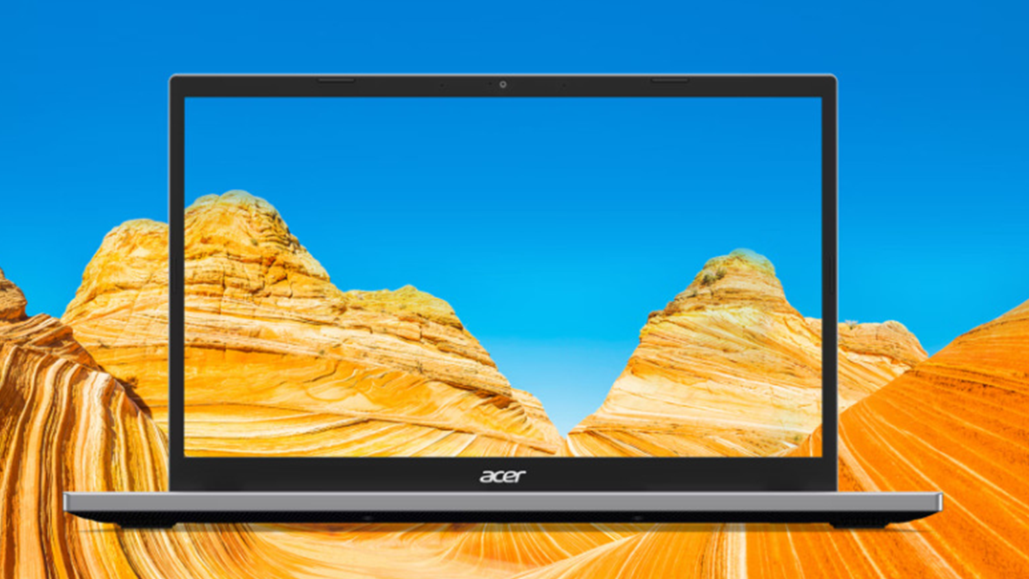 Obrazovka notebooku Acer Aspire Go 17 s fotkou skal