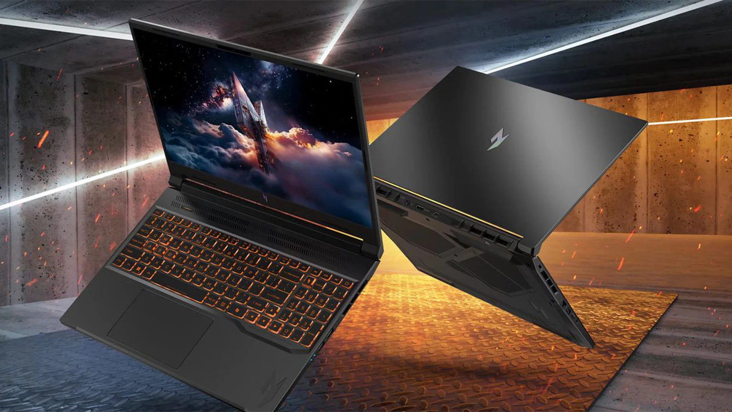 Betonové pozadí s dvěma notebooky Acer