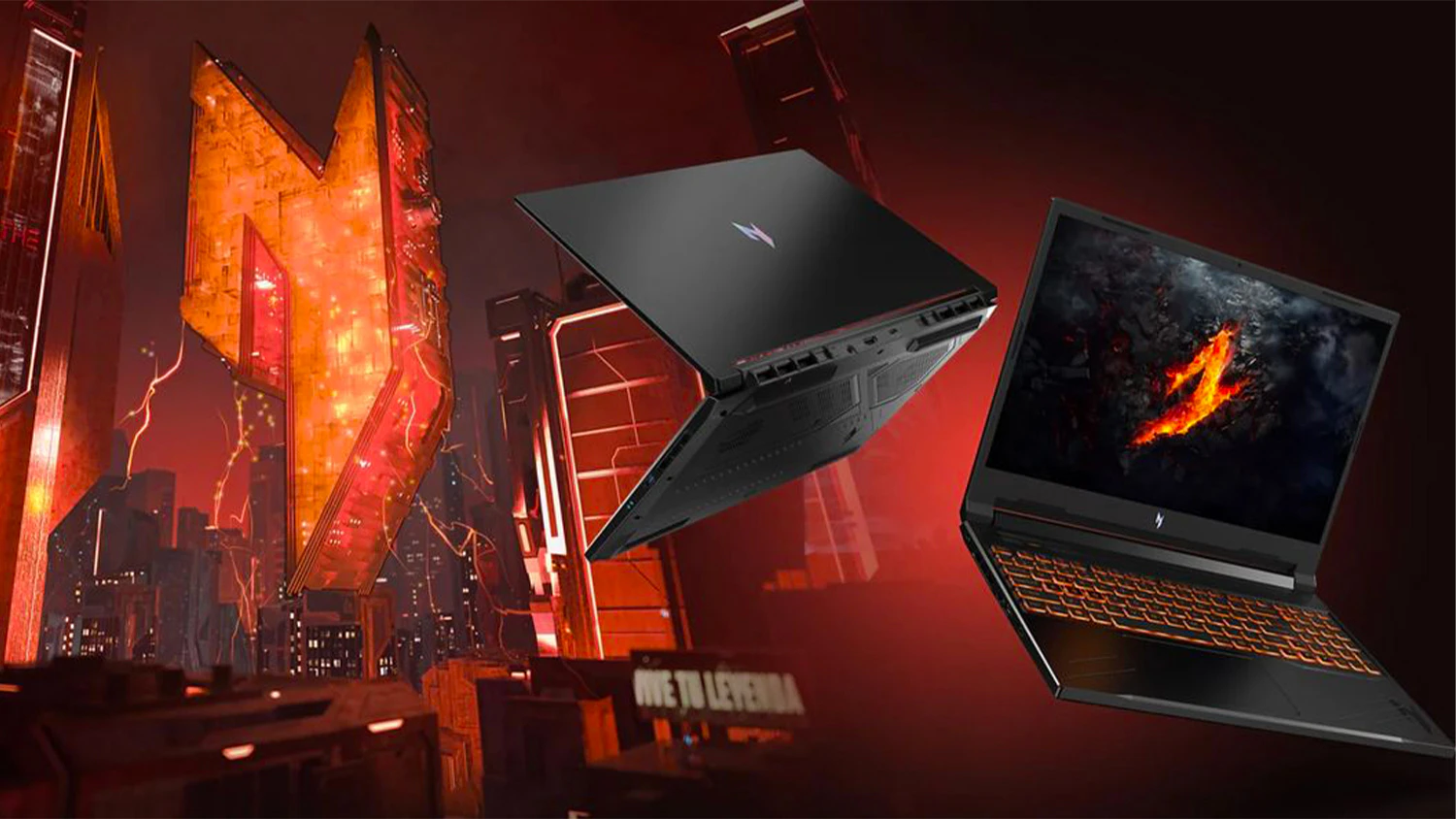 Modern&eacute; budovy na pozad&iacute; s notebookom Acer