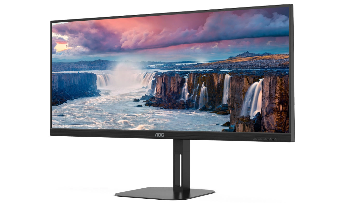 Monitor s AOC U34V5C/BK s pozadím vodopádů.