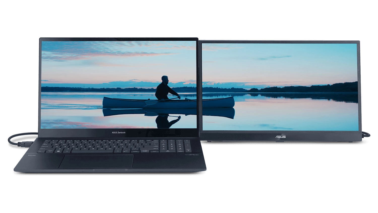 Prenosný monitor ASUS ZenScreen MB17AHG pripojený k notebooku
