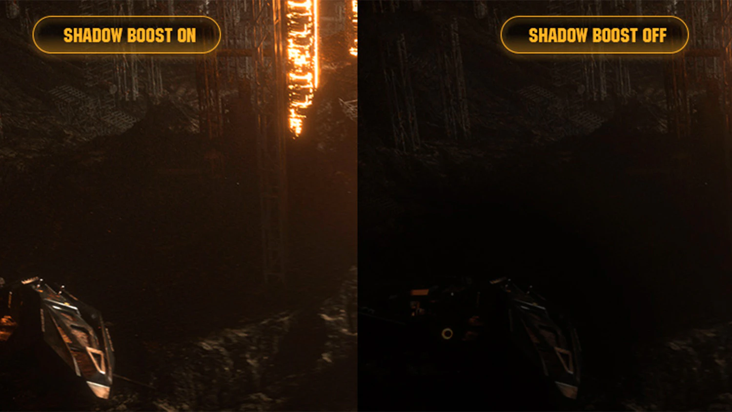 Porovnanie viditeľnosti v tmav&yacute;ch sc&eacute;nach s funkciou Shadow Boost a bez nej