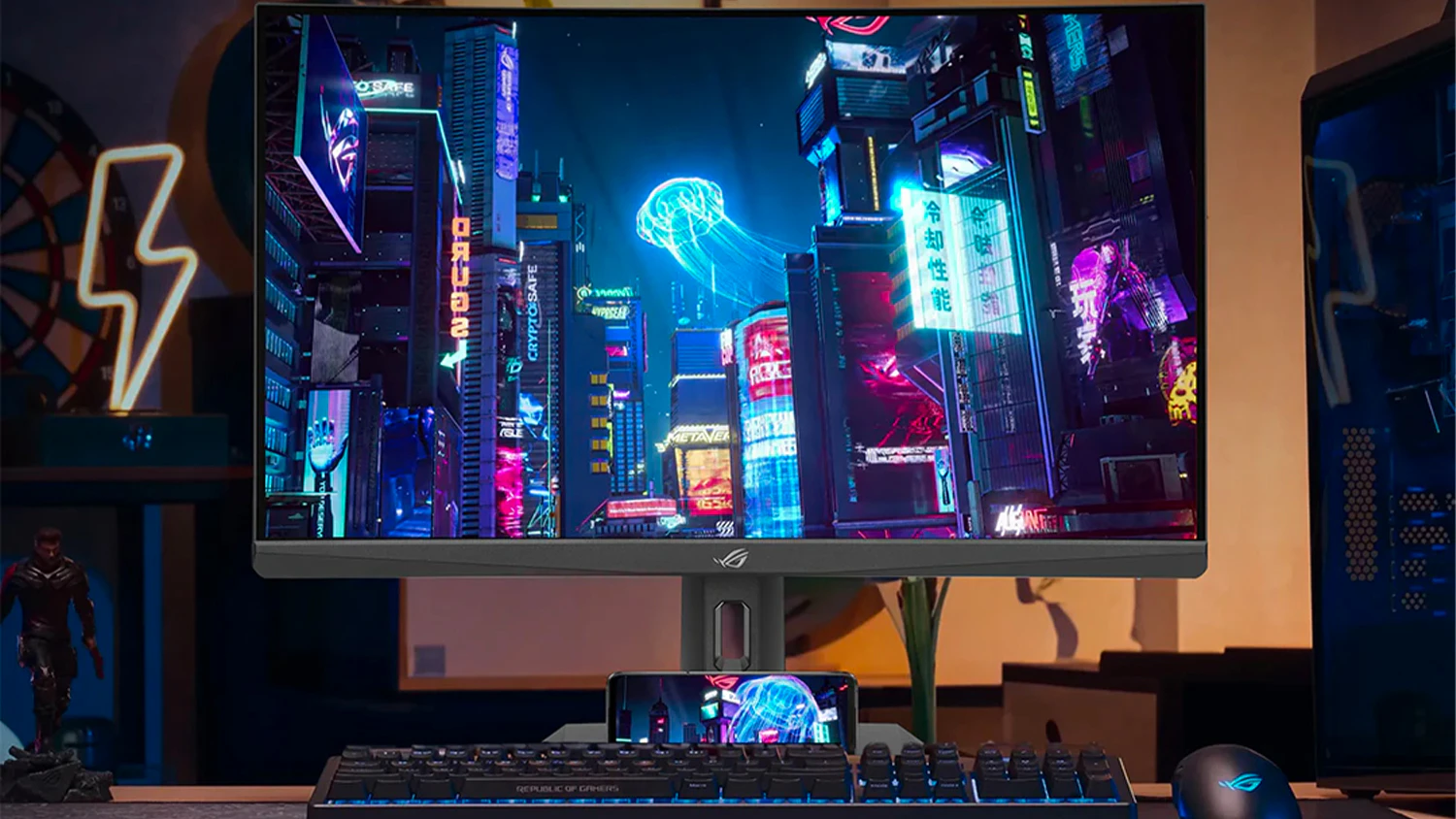 Hern&yacute; monitor ASUS ROG Strix XG32WCMS na stole