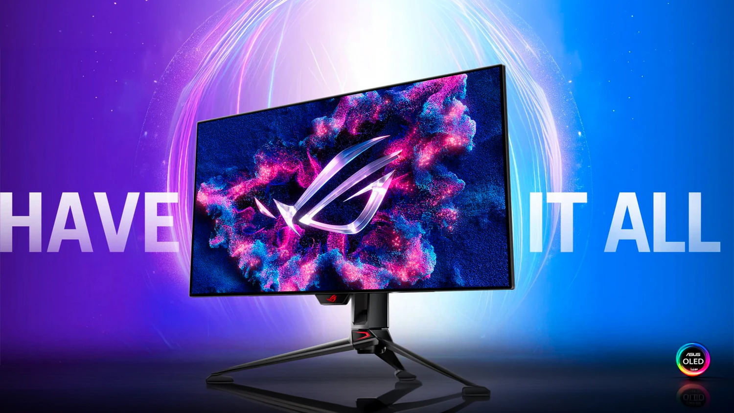 Hern&yacute; monitor ASUS ROG Swift OLED PG32UCDP na farebnom pozad&iacute;