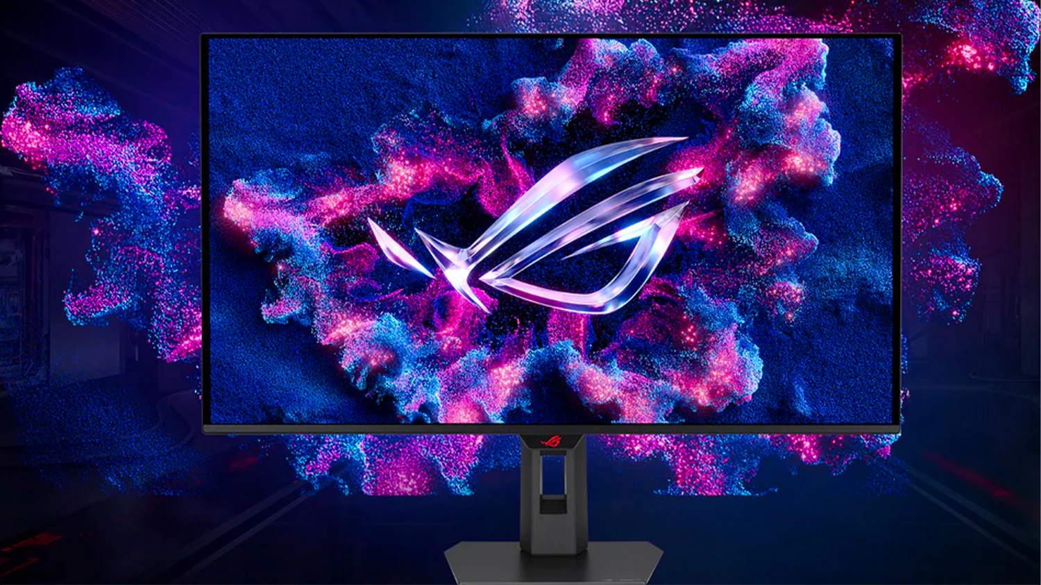 Hern&yacute; monitor ASUS ROG Strix OLED XG32UCDS na farebnom pozad&iacute;