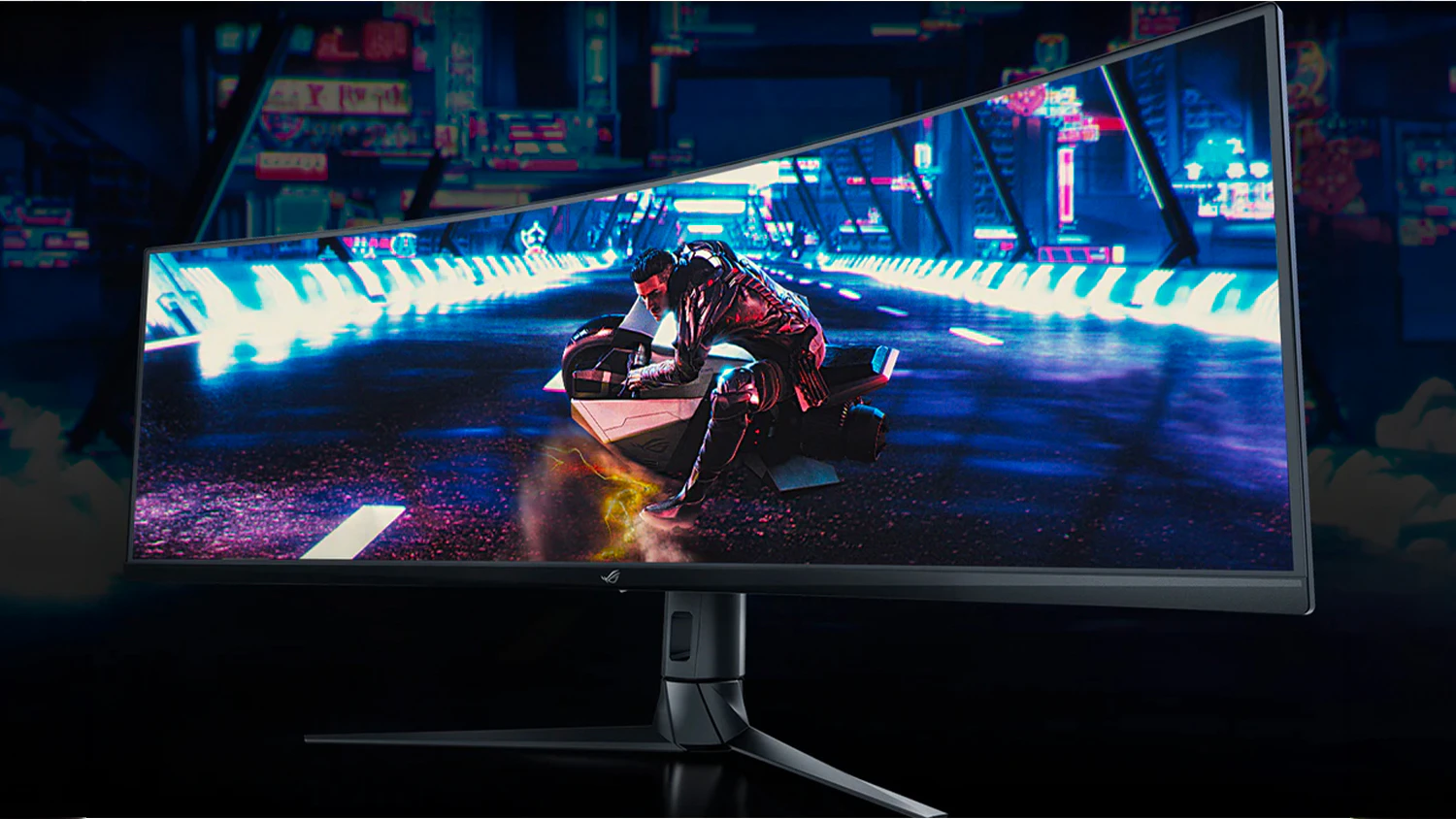 Hern&yacute; monitor ASUS ROG Strix XG49VQ na ne&oacute;novom pozad&iacute;