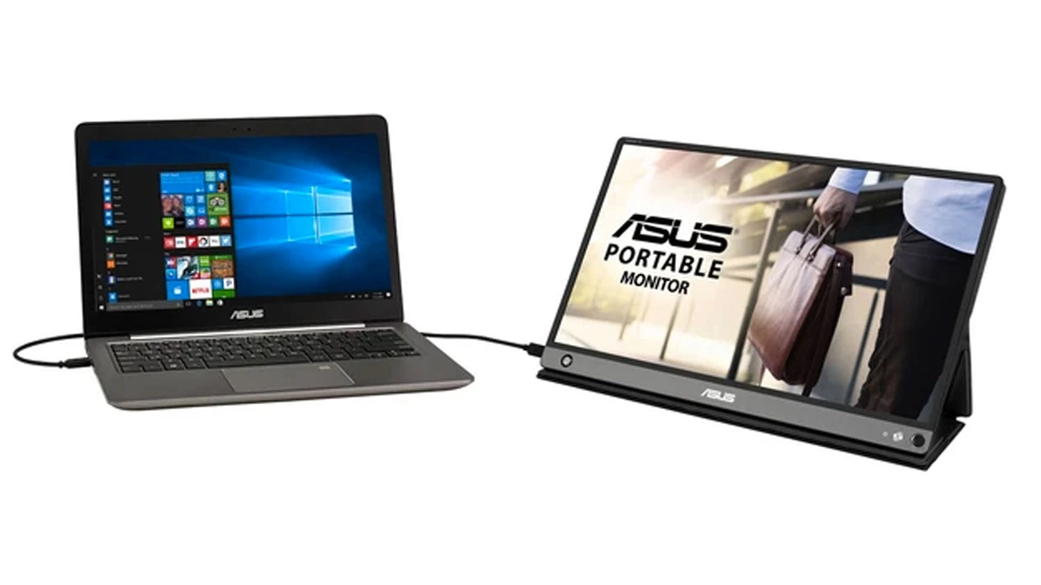 Prenosn&yacute; monitor ASUS ZenScreen GO MB16AHP pripojen&yacute; k notebooku