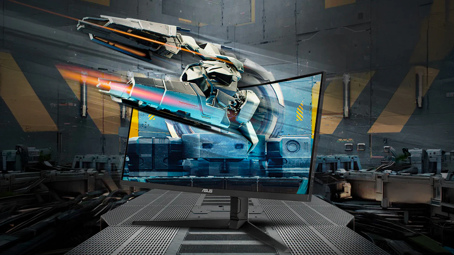 Hern&yacute; monitor ASUS TUF Gaming VG34VQL1B s raketou vystupuj&uacute;cou z obrazu