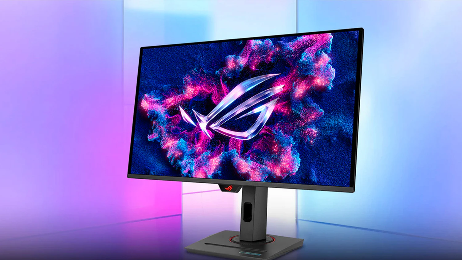 Hern&yacute; monitor ASUS ROG Strix OLED XG27ACDNG na farebnom pozad&iacute;