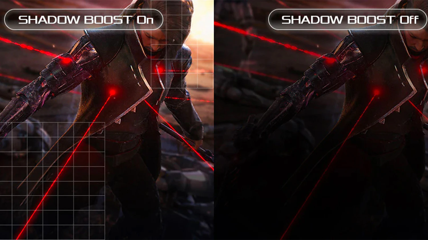Porovnanie obrazu s technol&oacute;giou Dynamic Shadow Boost a bez nej