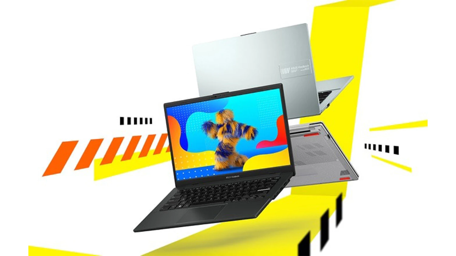 Tři notebooky ASUS Vivobook Go 14 na barevném pozadí