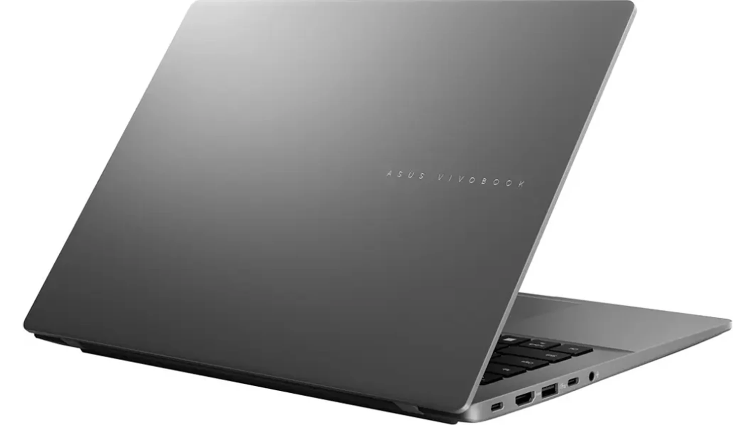 Pohled &scaron;ikmo zezadu na přivřen&yacute; notebook Asus Vivobook S14