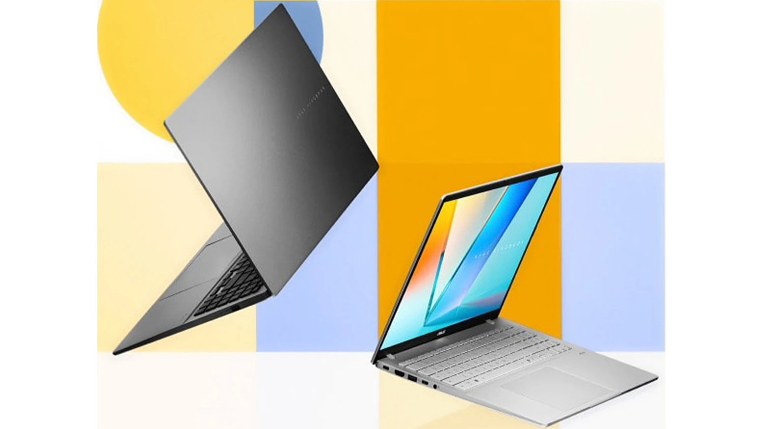 Dva notebooky ASUS Vivobook S16 poletujúce na grafickom pozadí