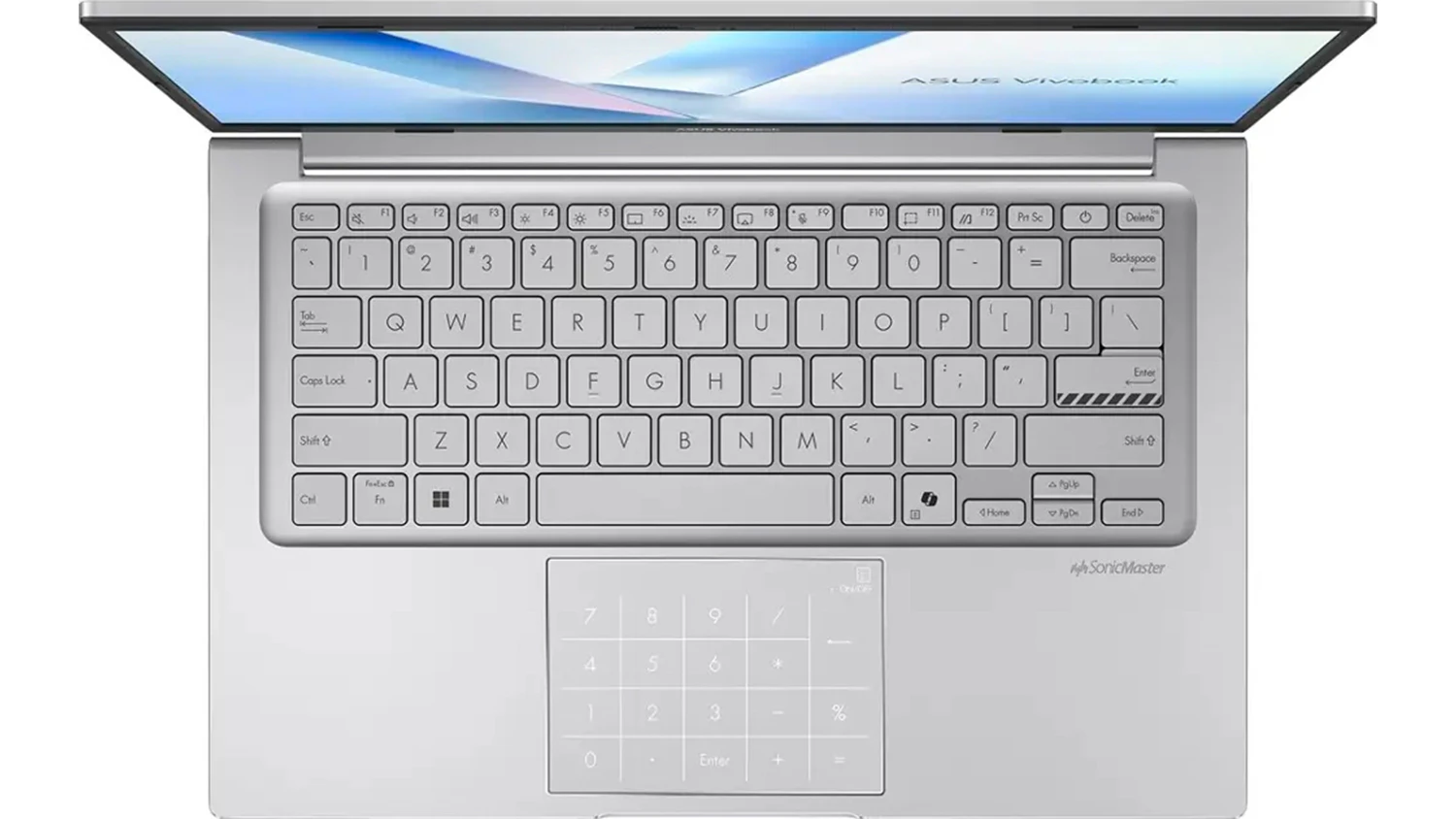 Pohľad na klávesnicu notebooku Asus Vivobook 14