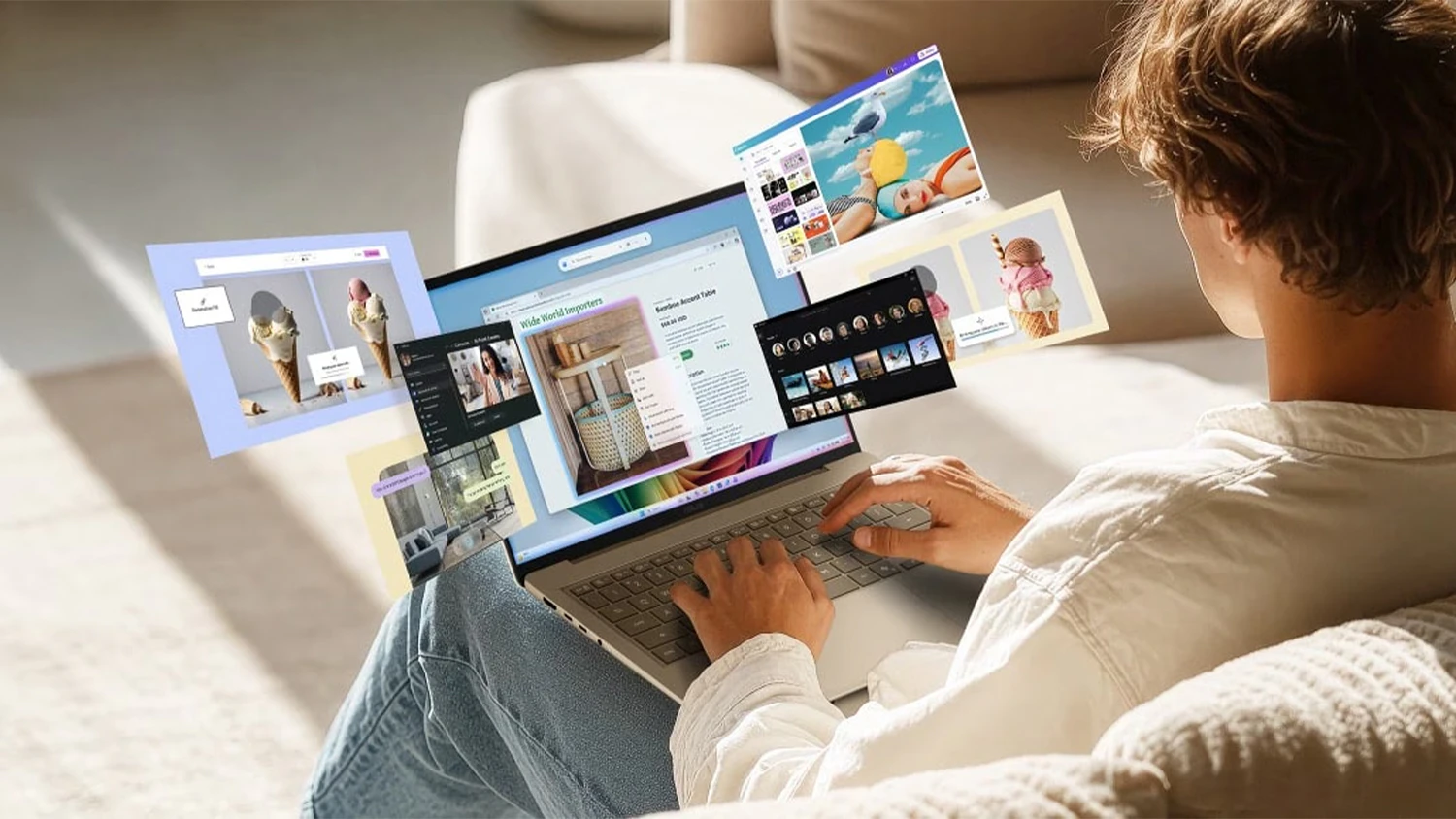 Muž pracujúci na notebooku ASUS Zenbook 14 s vizualizáciou rôznych okien