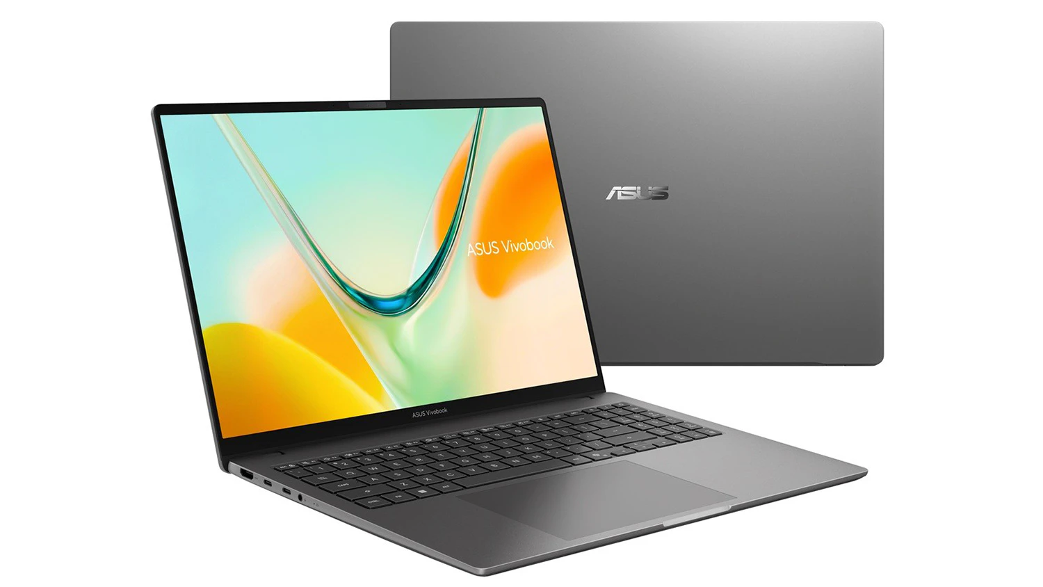 Pohľad šikmo spredu na notebook a na kryt notebooku ASUS