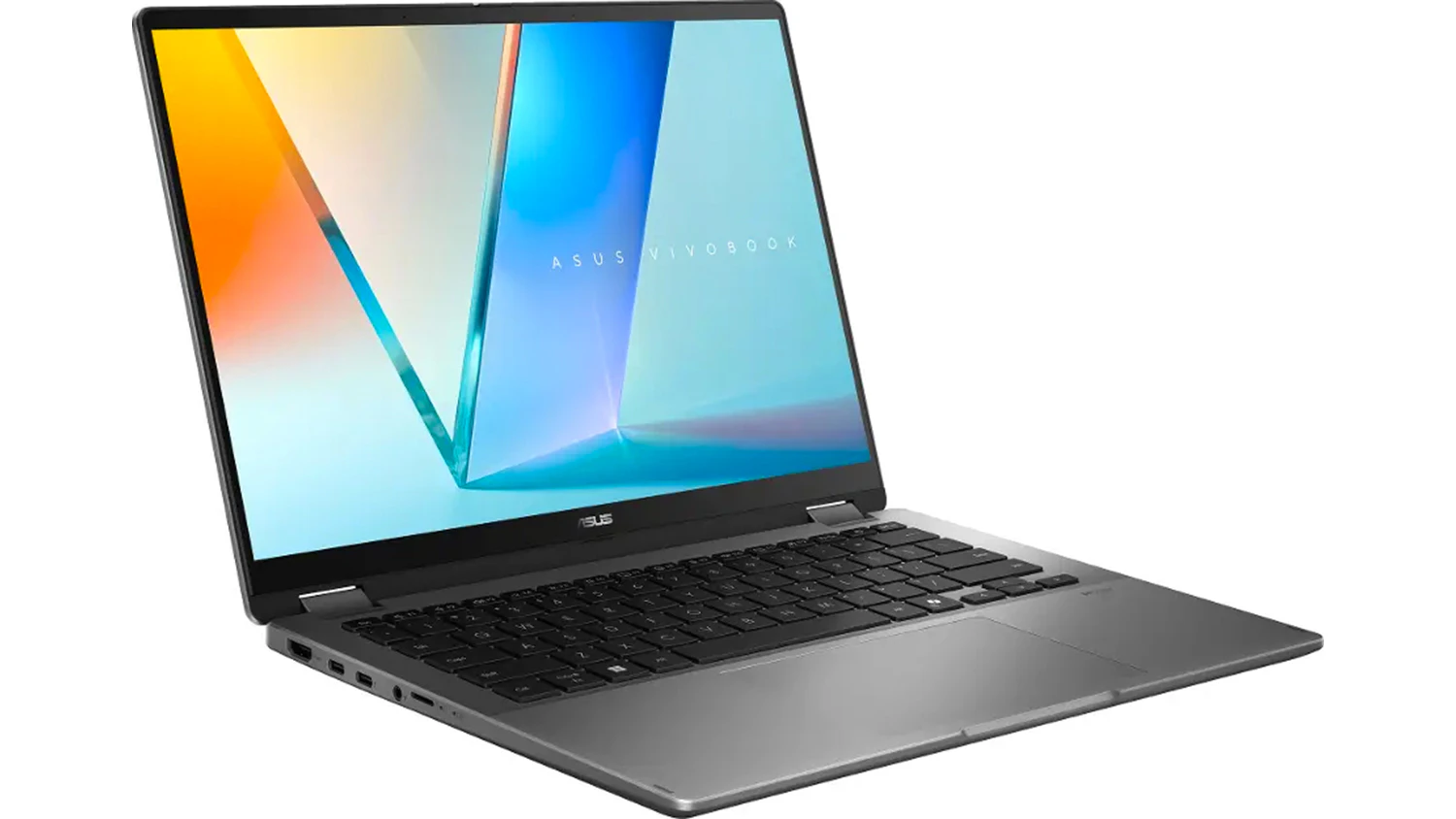 Pohled šikmo zepředu na notebook Asus Vivobook 16 Flip