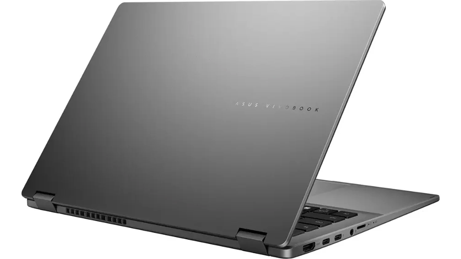 Pohled šikmo zezadu na přivřený notebook Asus Vivobook 16 Flip