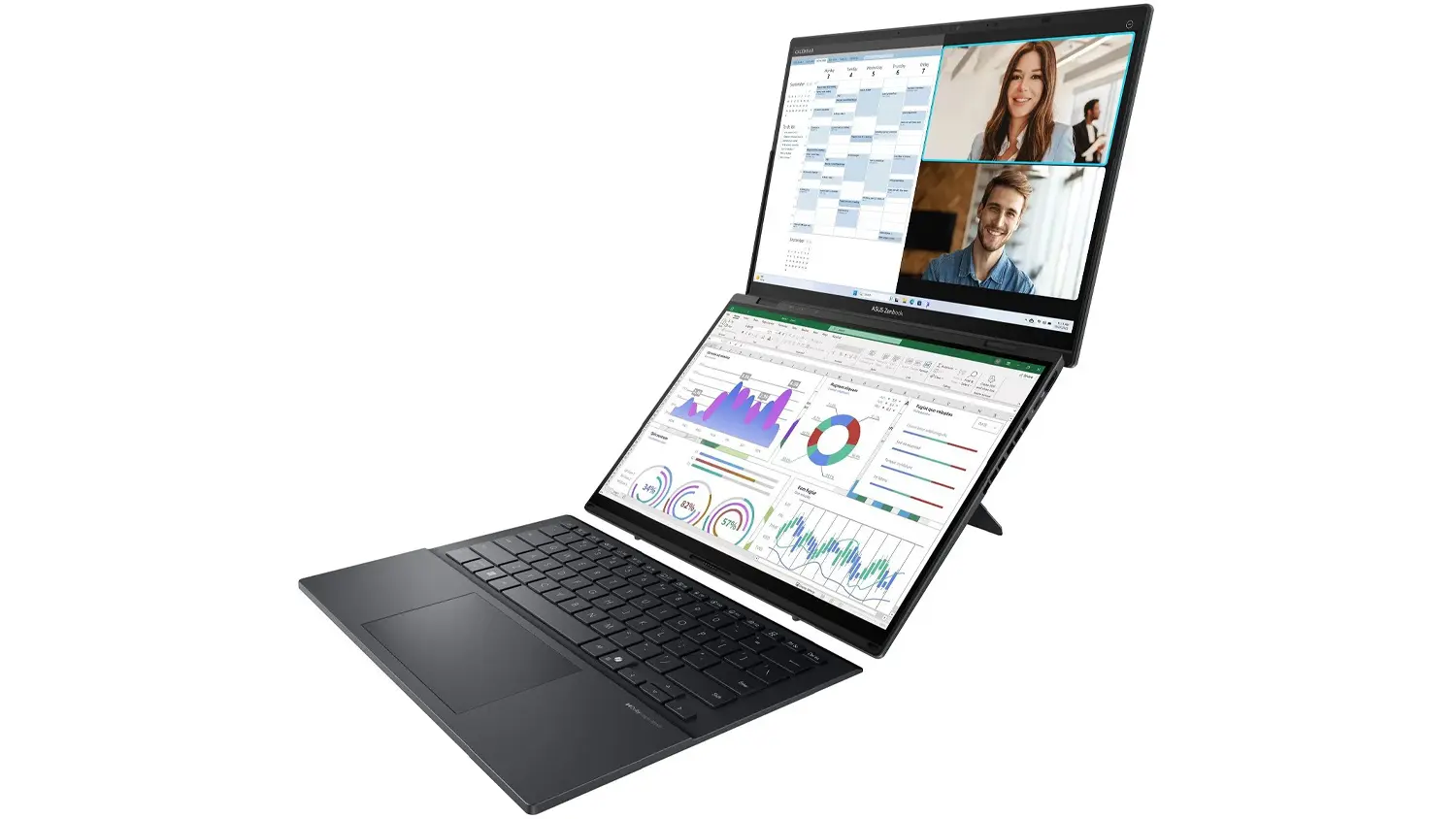 Dvě obrazovky notebooku Asus Zenbook Duo 14 nad sebou