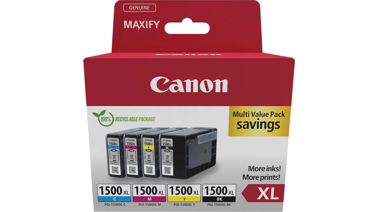 Originální inkoustové kazety Canon PGI-1500XL Multipack na bílém pozadí zobrazující všechny čtyři barevné náplně CMYK