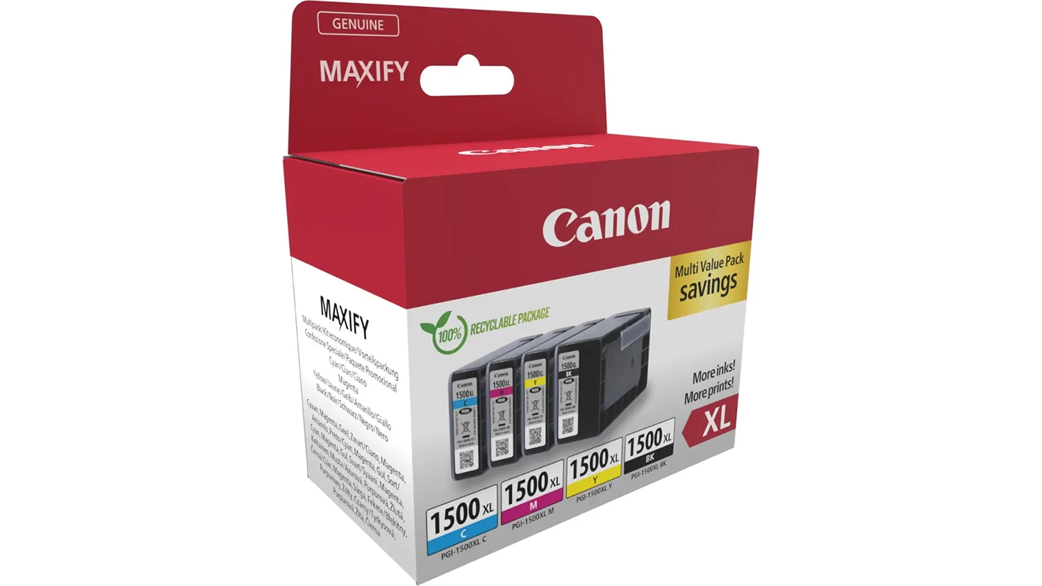 Originální inkoustové kazety Canon PGI-1500XL Multipack na bílém pozadí zobrazující všechny čtyři barevné náplně CMYK ze strany