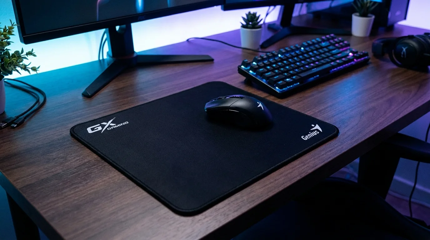 Černá herní podložka pod myš Genius GX Gaming GX-Pad 340 s položenou myší na dřevěném stole.